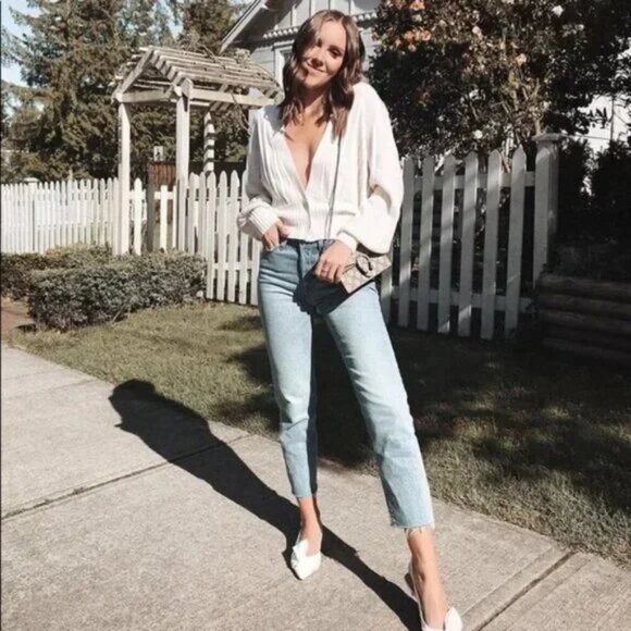 Aritzia Wilfred Thais Knit Plunge Sweater Cardigan Wool Cotton Light Birch XL - Picture 9 of 9